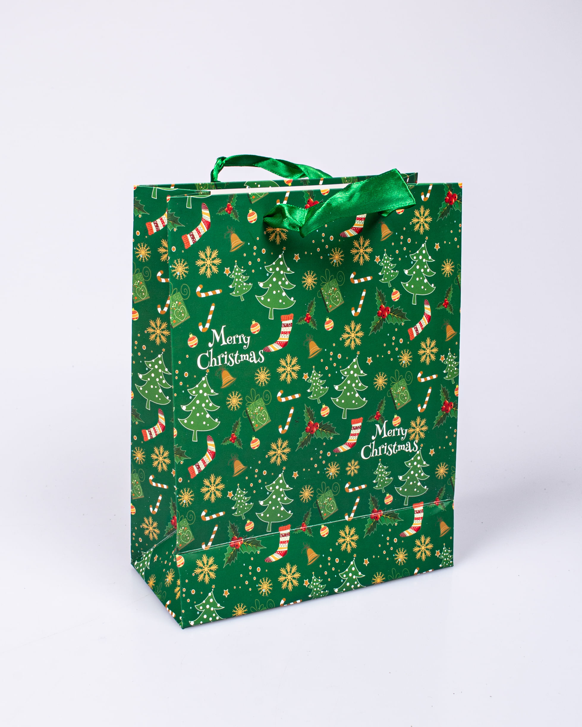 Punga verde cu sclipici de cadou Merry Christmas 18x8x23 cm
