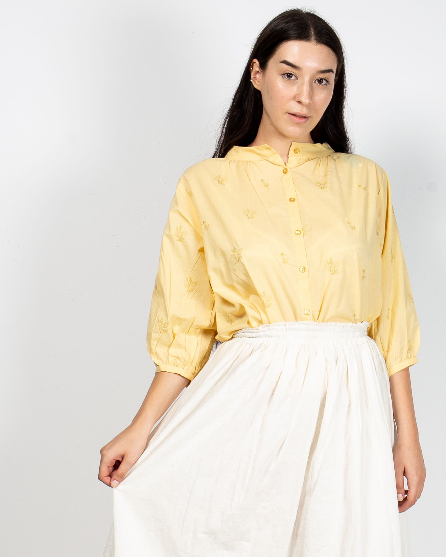 Bluza din bumbac cu nasturi si maneca trei sferturi N904242026