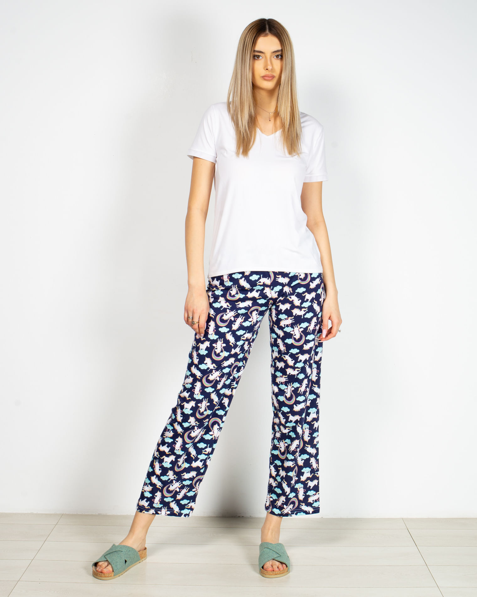 Pantaloni de pijama din bumbac cu talie elastica si imprimeu 22MUR21049