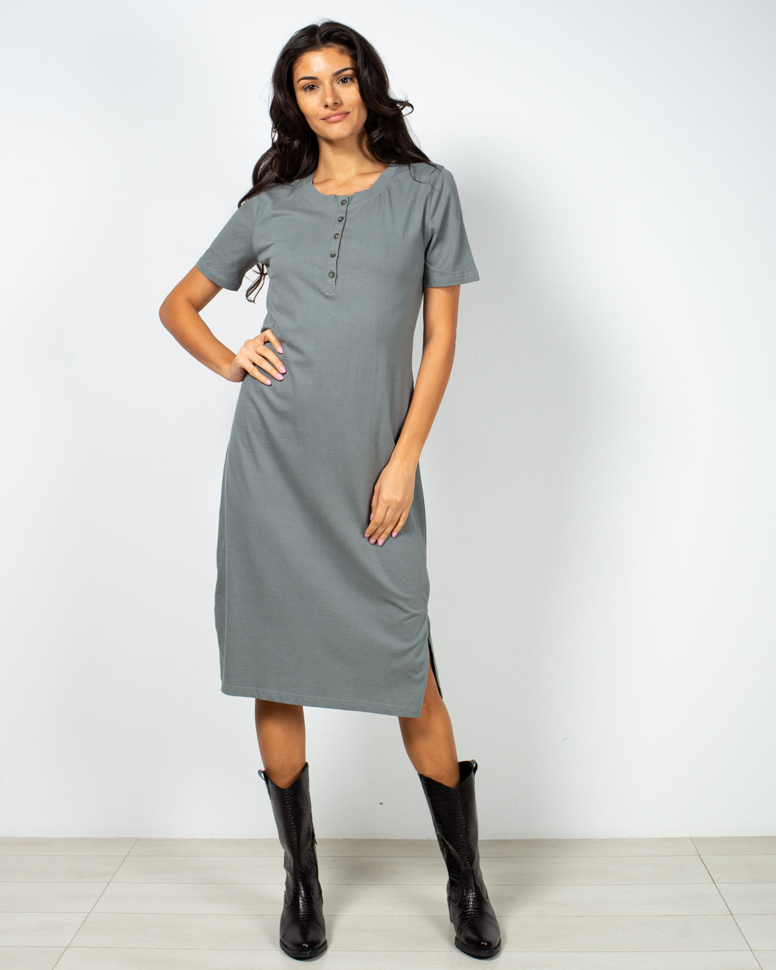 Rochie uni din bumbac cu nasturi la baza gatului N200708001